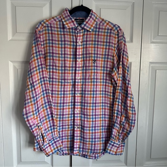 Cremieux Shirt Mens M Pastel Plaid 100% Linen Slim Long Sleeve Button Up Preppy - Picture 1 of 11